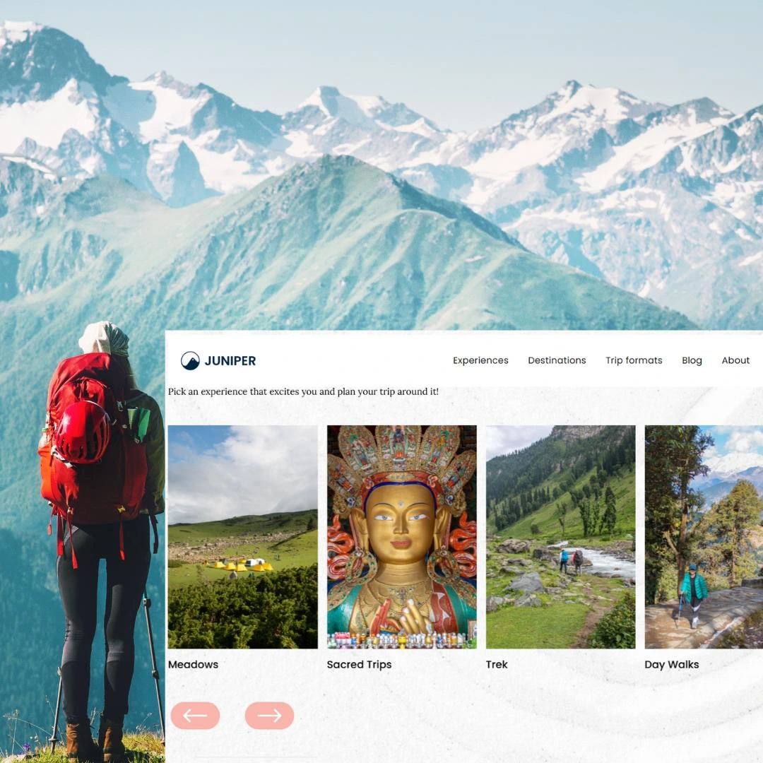 Juniper Outdoors site navigation shown with a hiker and product thumbnails