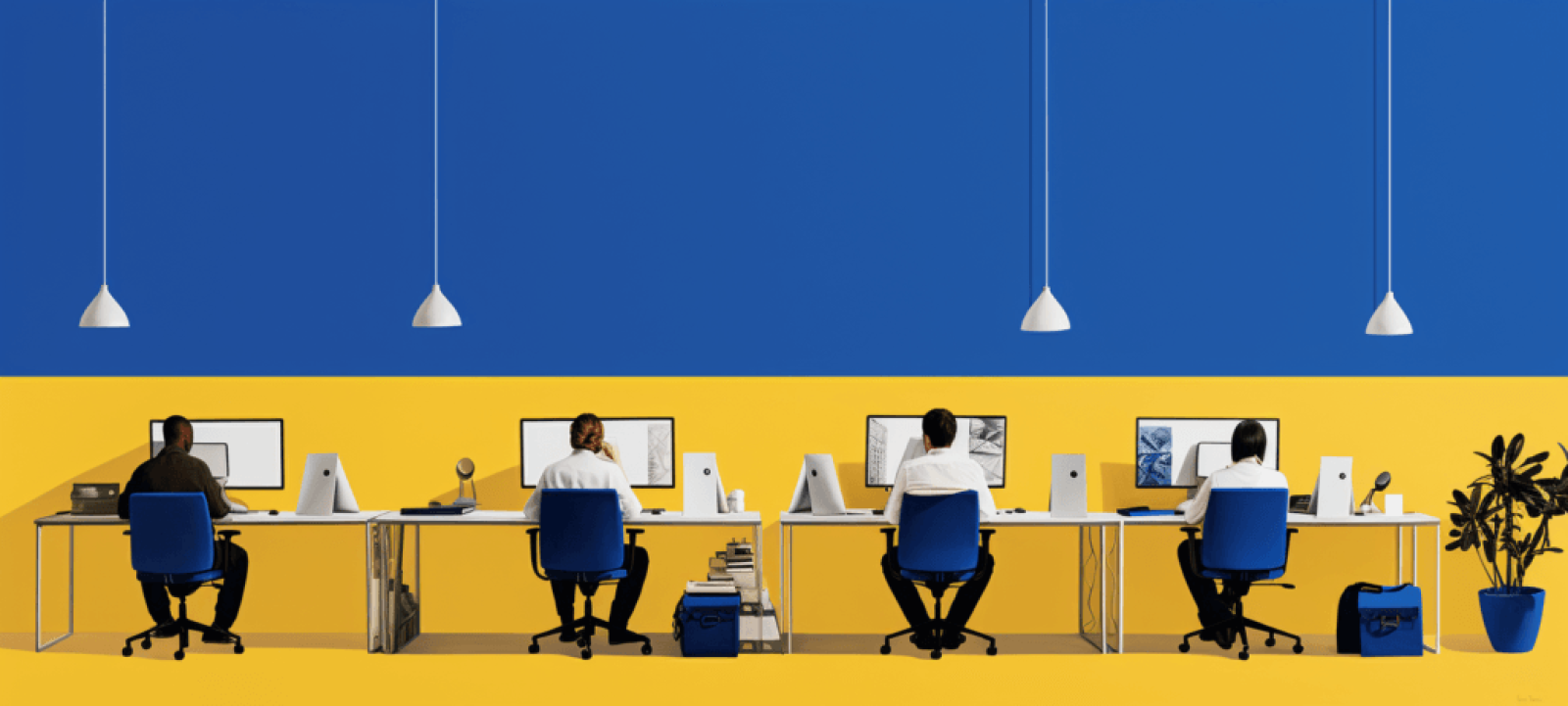 A vibrant office setting with diverse professionals collaborating over a digital marketing strategy, illustrating innovation and teamwork in a modern workspace.
