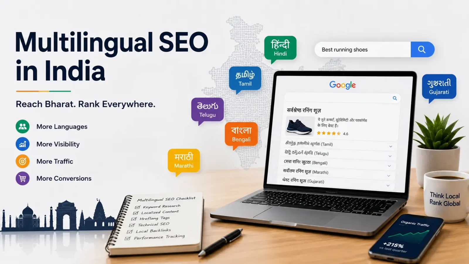 Multilingual SEO in India helping brands reach regional-language audiences and improve search visibility across Hindi, Tamil, Telugu, Bengali, Marathi, and Gujarati.