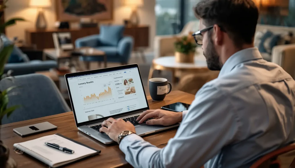 Business owner checking ecommerce sales on laptop, luxury brand analytics displayed on screen, premium office setup with elegant furniture, professional atmosphere, high-end workspace, realistic photography