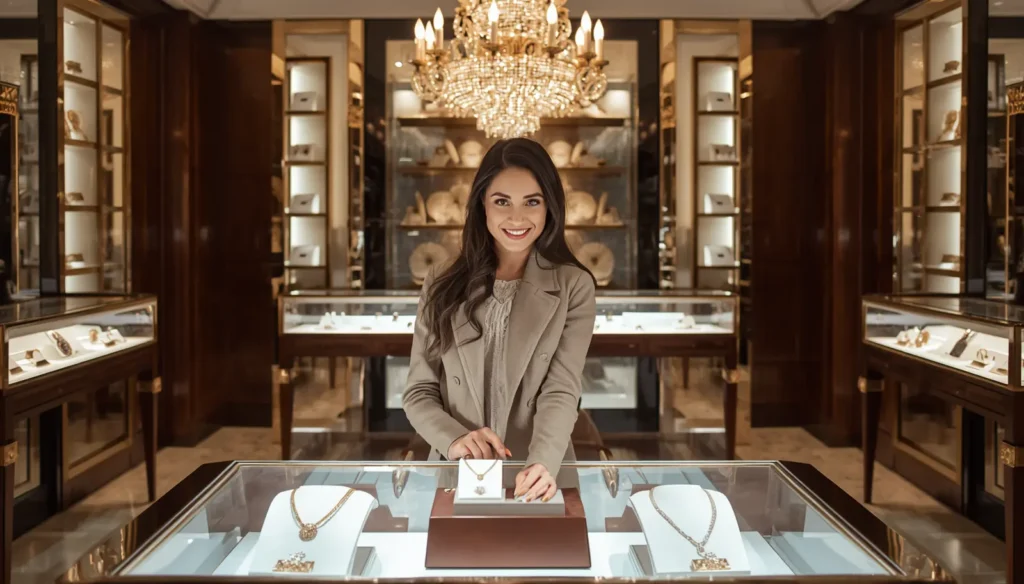 Customer buying luxury jewelry in premium showroom, elegant shopping experience, luxury store interior, realistic photo