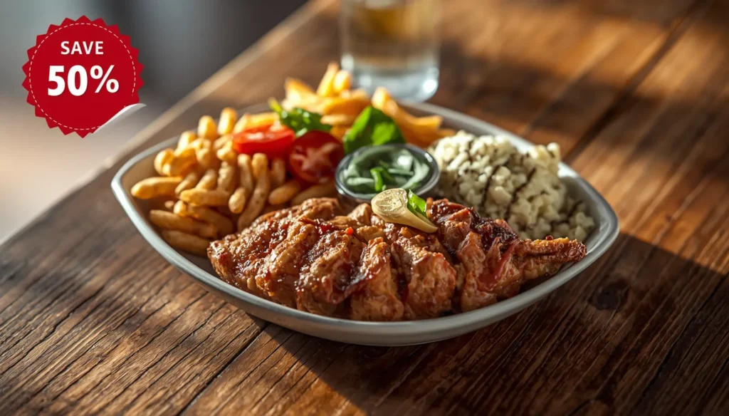 Delicious food combo meal with discount tag, free delivery icon, restaurant promotion banner, clean attractive food image, realistic design