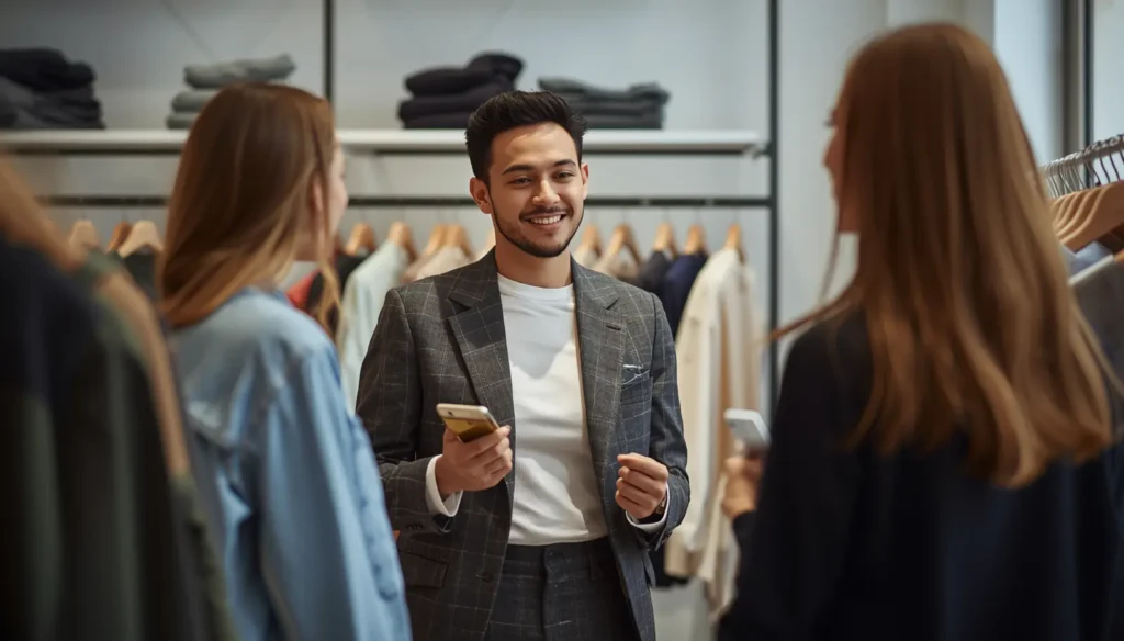Fashion brand owner talking to customers in boutique store, showing clothing collection, premium fashion environment, customer engagement concept, simple realistic business image