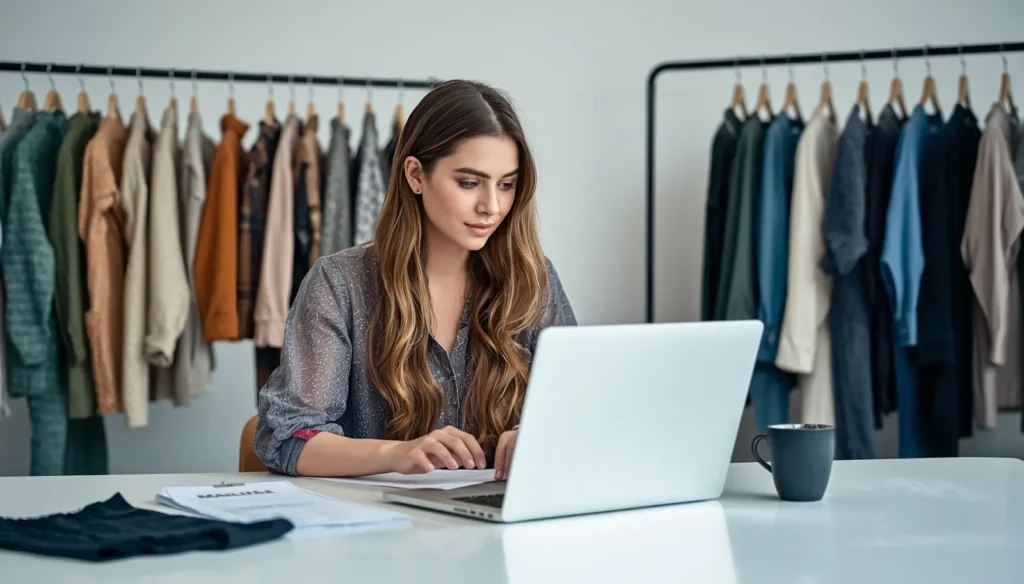 Fashion business owner working on laptop in office, checking website growth and marketing reports, clothing samples on table, modern fashion workspace, simple clean background, professional realistic image