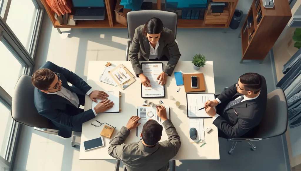 Fashion entrepreneur in office meeting with business partners, discussing brand collaboration, modern workspace, professional fashion business environment, simple realistic image