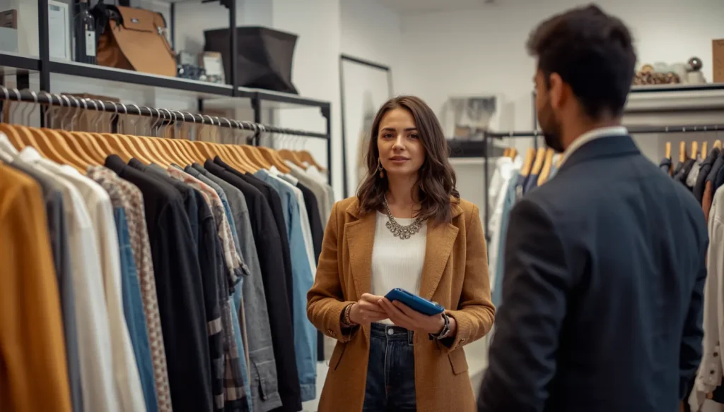Fashion store owner showing clothing collection to customers in boutique shop, talking with customers, premium fashion store, customer trust concept, simple realistic business image