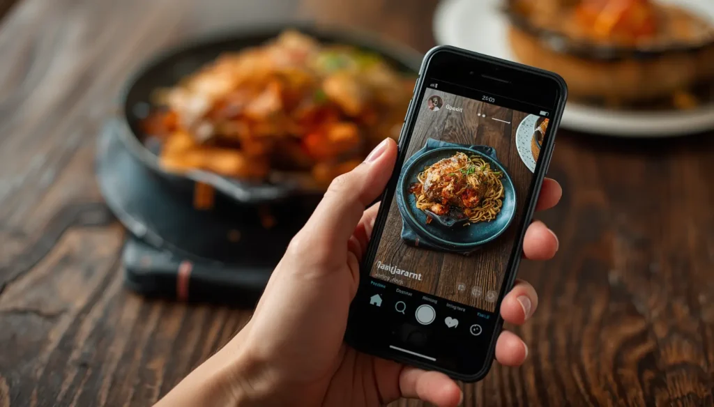Food photography for Instagram, restaurant food reels, customer engagement on social media, mobile phone with Instagram screen, simple modern image