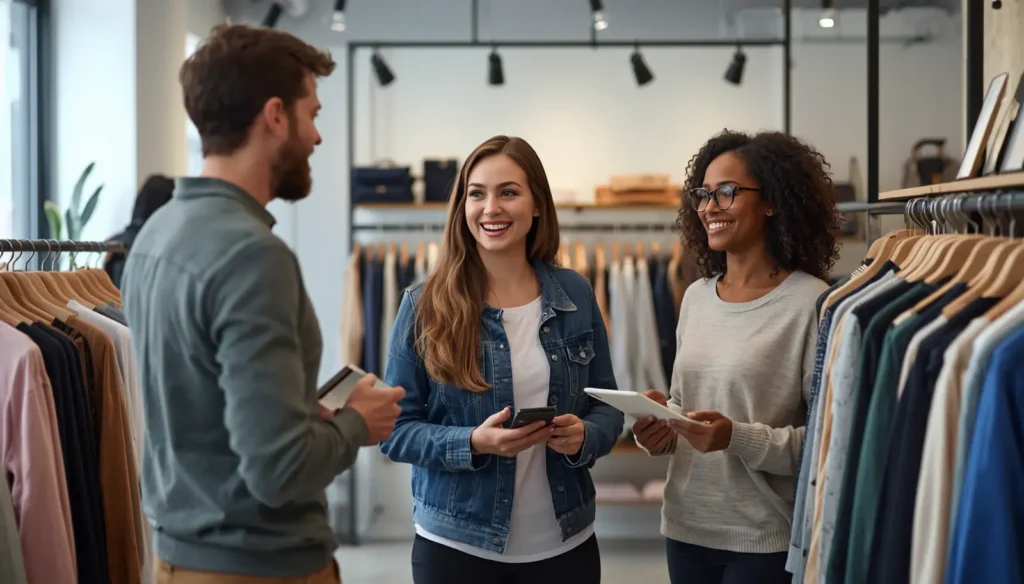 Happy customers shopping in fashion boutique, founder talking with loyal customers, premium clothing store, trust and customer relationship concept, simple clean realistic image