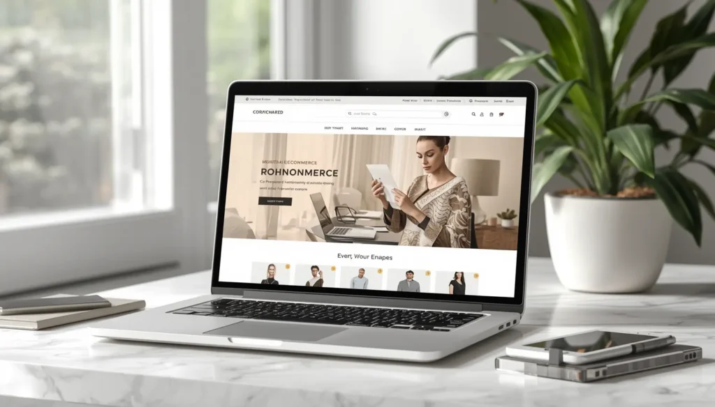 Luxury ecommerce website on laptop, premium online store, elegant website design, modern workspace, realistic image