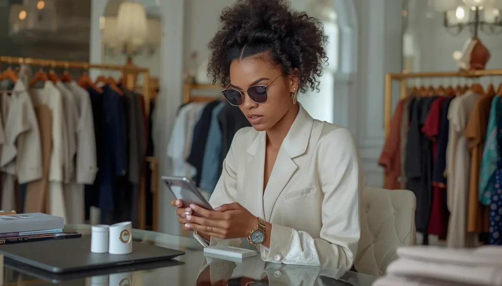 Luxury fashion influencer creating content in designer store, premium branding, elegant boutique, realistic photo