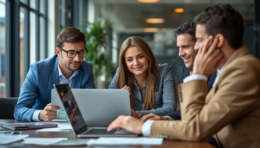 Marketing team discussing luxury brand ads, laptop with campaign planning visible, premium office environment, professional realistic photograph