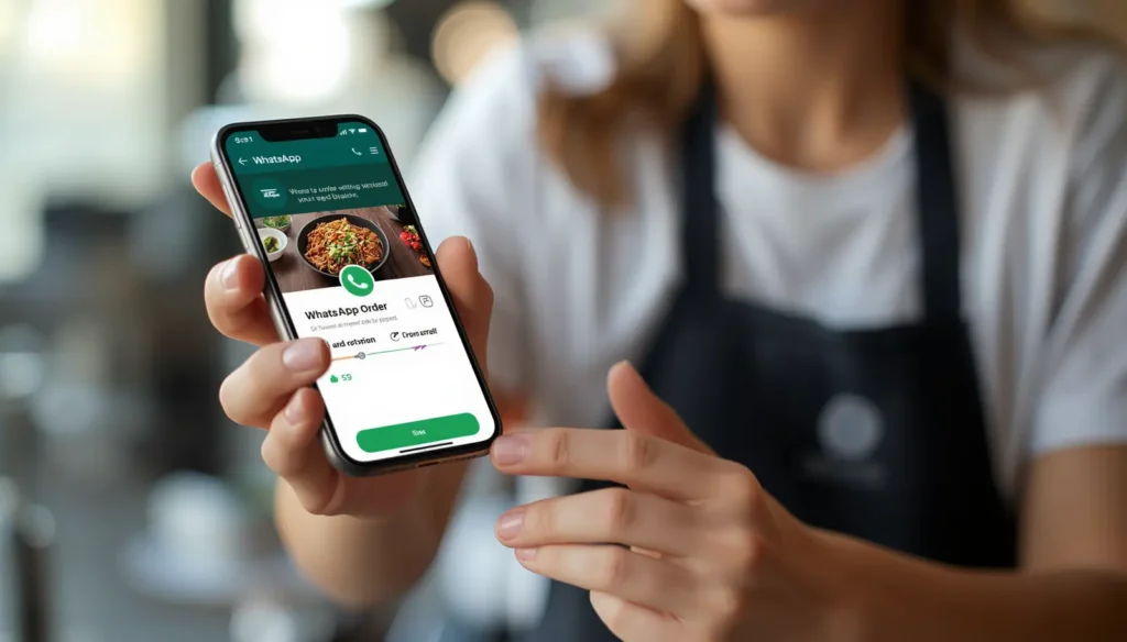 Restaurant owner using mobile phone for WhatsApp Business, food order message visible on screen, customer support and direct order concept, simple professional image, clean business setting