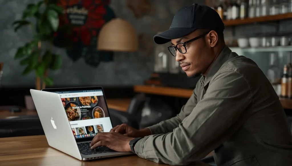Restaurant owner working on laptop, digital marketing ads dashboard on screen, food promotion campaign, simple business setup, realistic professional image