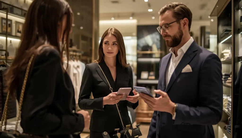 VIP customer consultation in luxury boutique, premium shopping assistant, elegant showroom, realistic image