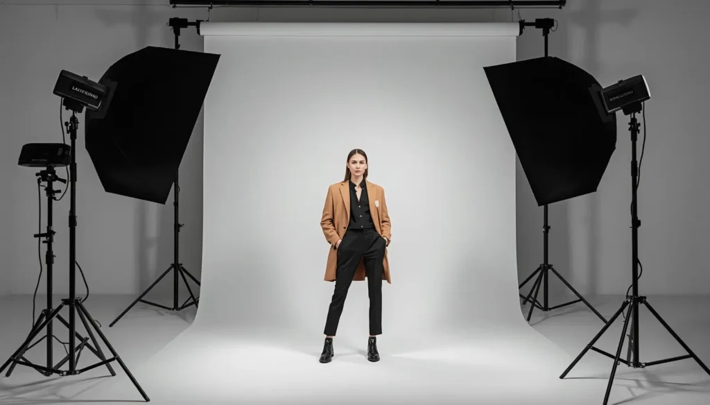 luxury brand photoshoot, designer clothes, premium fashion collection, elegant studio setup, realistic clean image