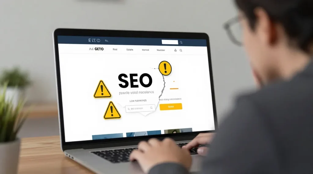 Broken website SEO concept for real estate company, low rankings, warning icons, slow website indicators, frustrated digital marketing analytics theme, realistic professional style