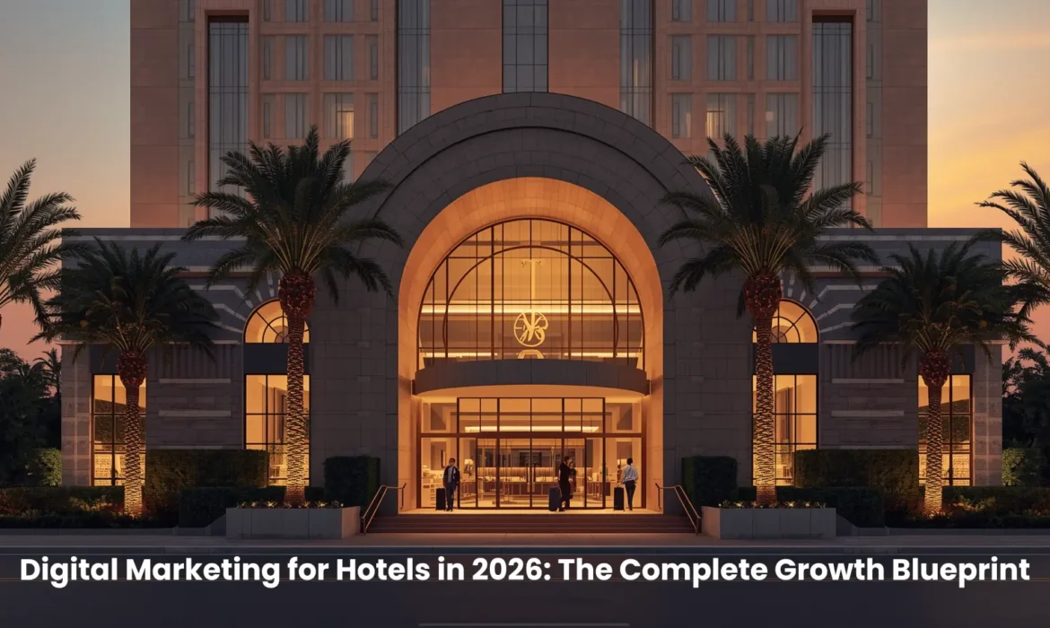 digital marketing for hotels concept with luxury hotel exterior and guest experience