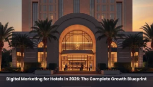 digital marketing for hotels concept with luxury hotel exterior and guest experience