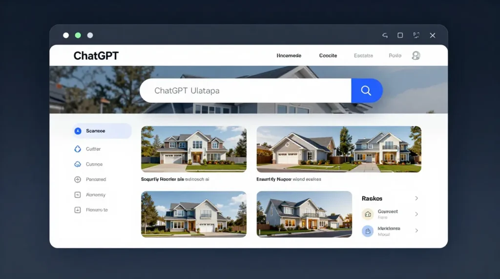 Futuristic AI search interface showing real estate recommendations, ChatGPT-style search concept, modern property website with AI results, digital marketing visualization, realistic technology theme