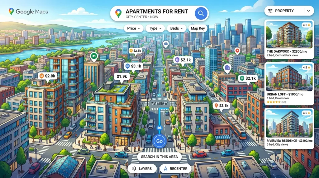 Google Maps and local property search concept with apartment buildings, realistic style
