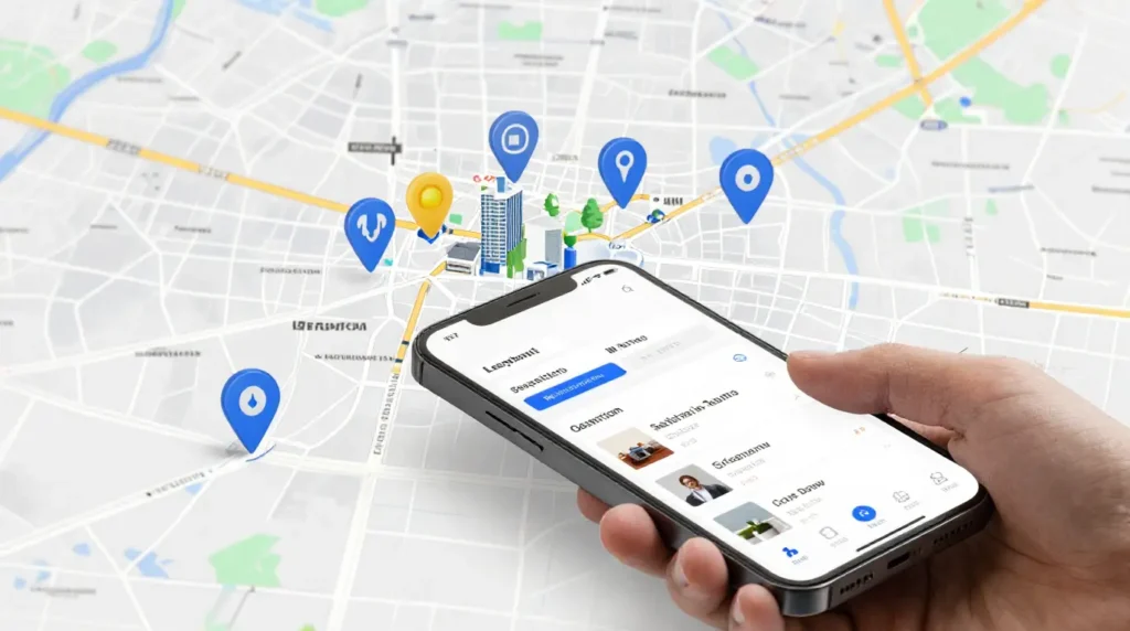 Google Maps location pins on Indian city map with real estate buildings, local SEO concept for property developers, smartphone showing nearby property listings, realistic style, clean and modern