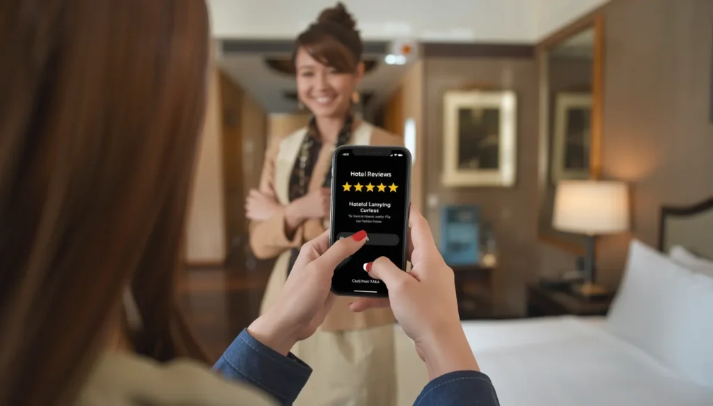 Happy hotel guest giving five-star review on mobile phone, hospitality reviews concept, realistic luxury hotel setting, elegant room interior, satisfied customer, professional photography style