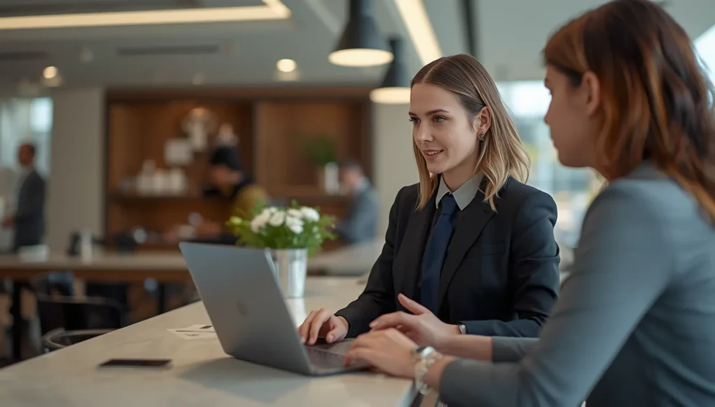 Hotel customer asking questions on laptop about booking and facilities, FAQ concept, modern hotel environment, realistic style, no text
