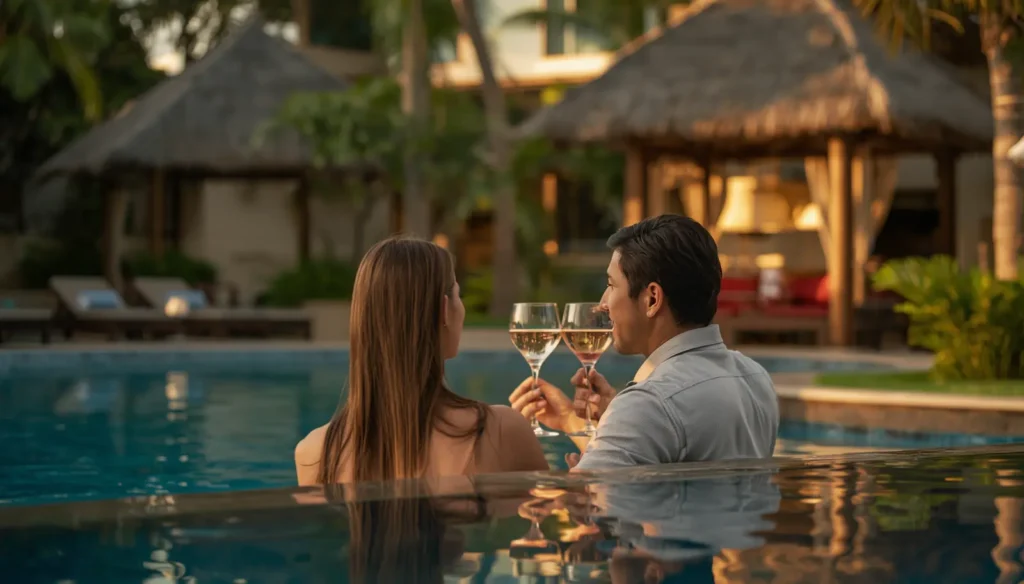 Luxury couple enjoying resort vacation, wellness and hospitality experience concept, premium hotel environment, cinematic realistic style
