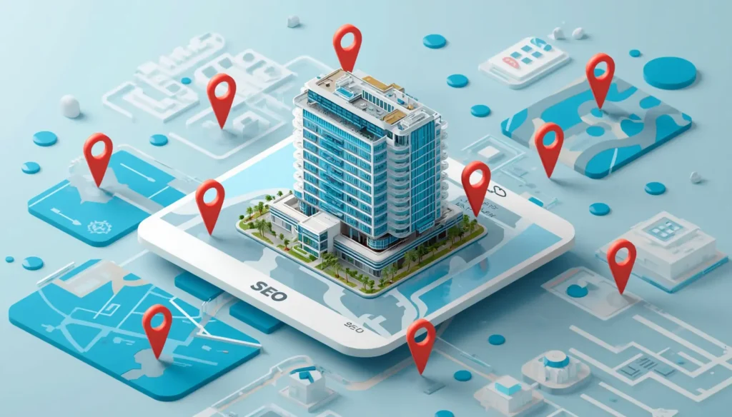 Luxury hotel shown on digital map with location pins, local SEO concept for hotels, realistic style, clean composition