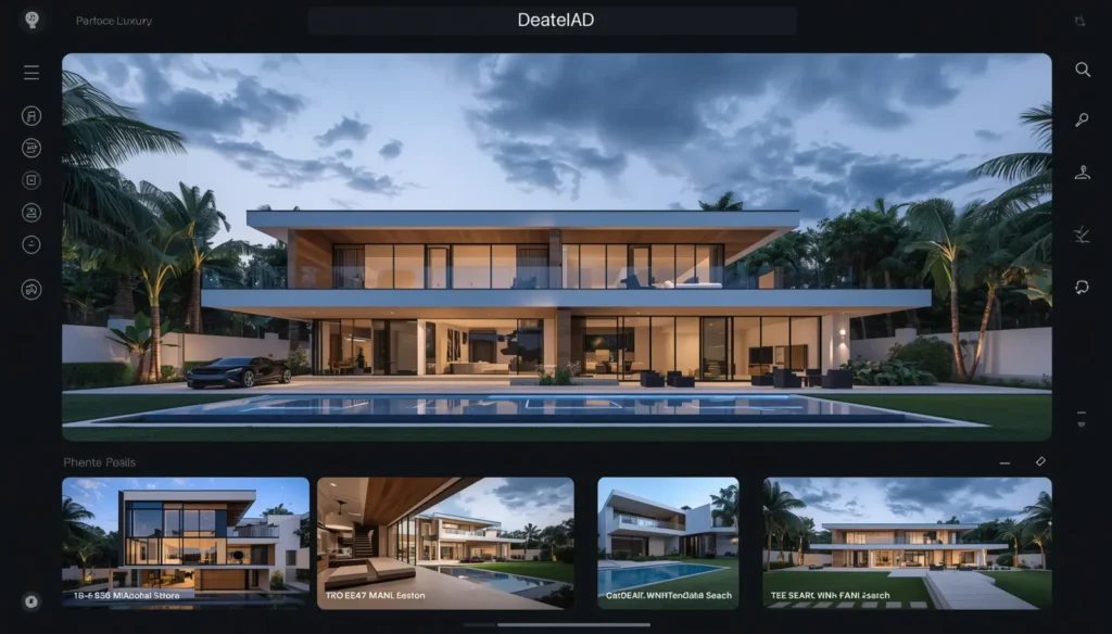 Luxury property search on AI platform with modern real estate visuals, realistic style, high-end properties, sleek interface, contemporary architecture, premium homes