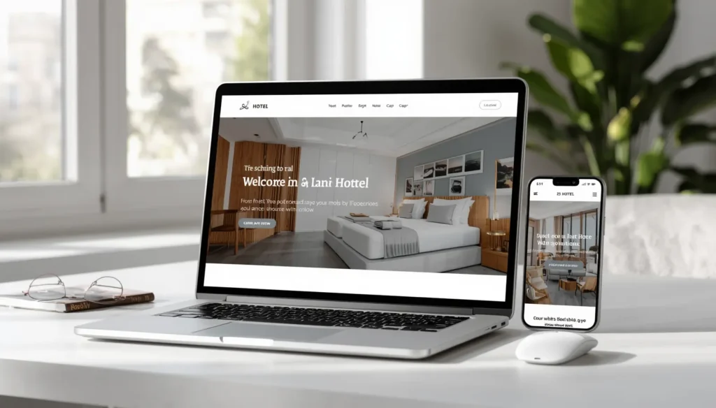 Modern hotel website displayed on laptop and mobile screen, fast website concept, clean UI_UX design, realistic workspace, no text