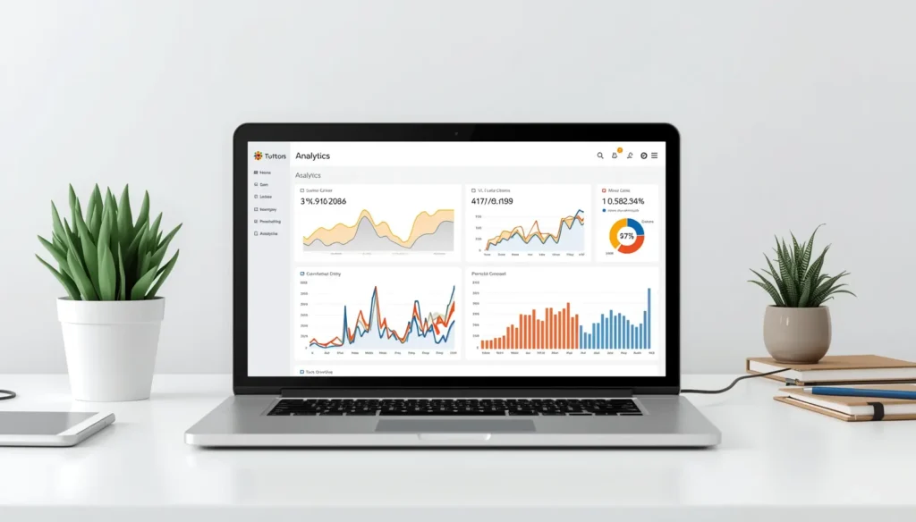 Modern laptop showing SEO analytics dashboard, graphs and website performance charts on screen, clean workspace setup, digital marketing concept, realistic style, simple modern office background