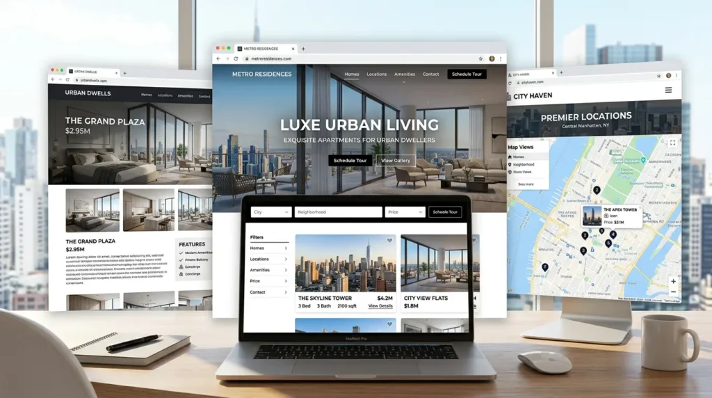 Multiple city-based real estate website pages with apartment visuals and map locations, realistic style, no text