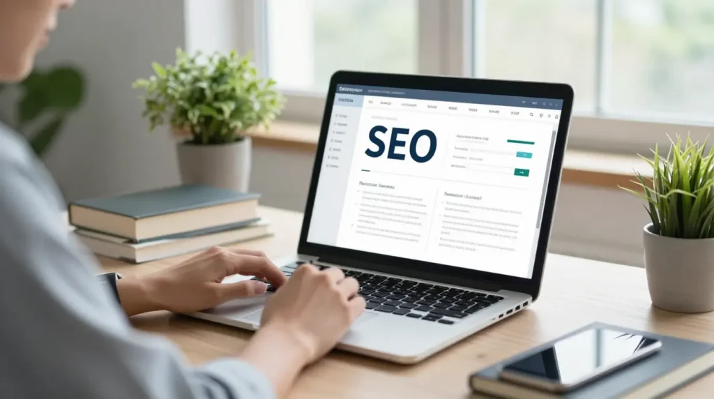 Person writing real estate blog on laptop with SEO dashboard, realistic style, no textPerson writing real estate blog on laptop with SEO dashboard, realistic style, no text