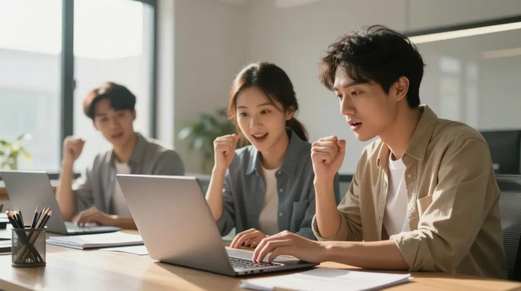 Property buyers generating online inquiries on laptop, realistic style