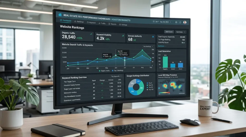 Real estate SEO dashboard with website rankings and analytics graphs, clean realistic style, professional interface showing data visualizations, charts, metrics, modern UI design