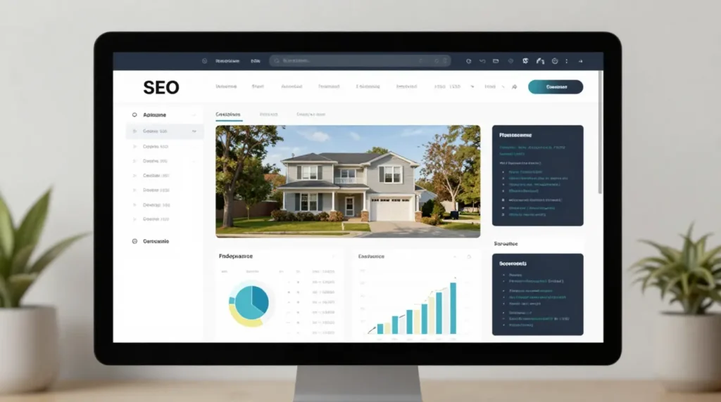 Website technical SEO dashboard for real estate website, speed optimization graphs, mobile responsive property website design, analytics and coding visuals, modern clean style, realistic