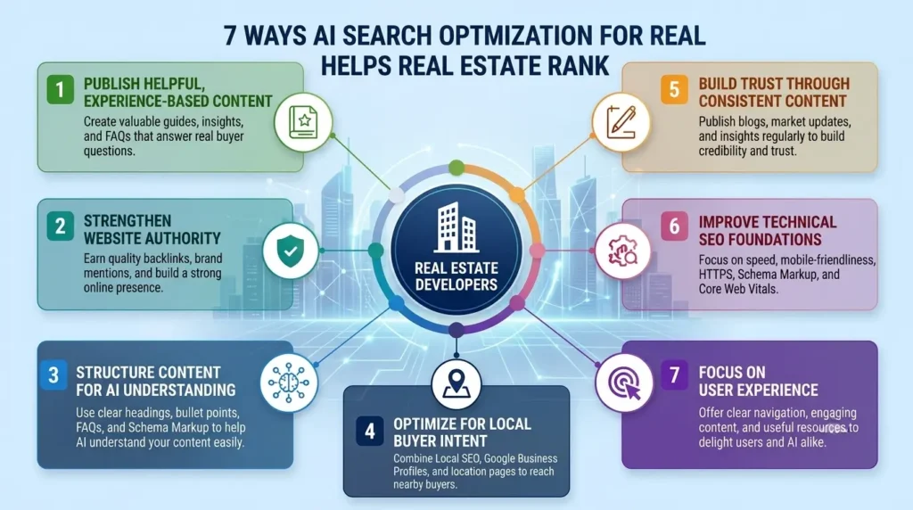 AI Search Optimization for Real Estate strategy infographic