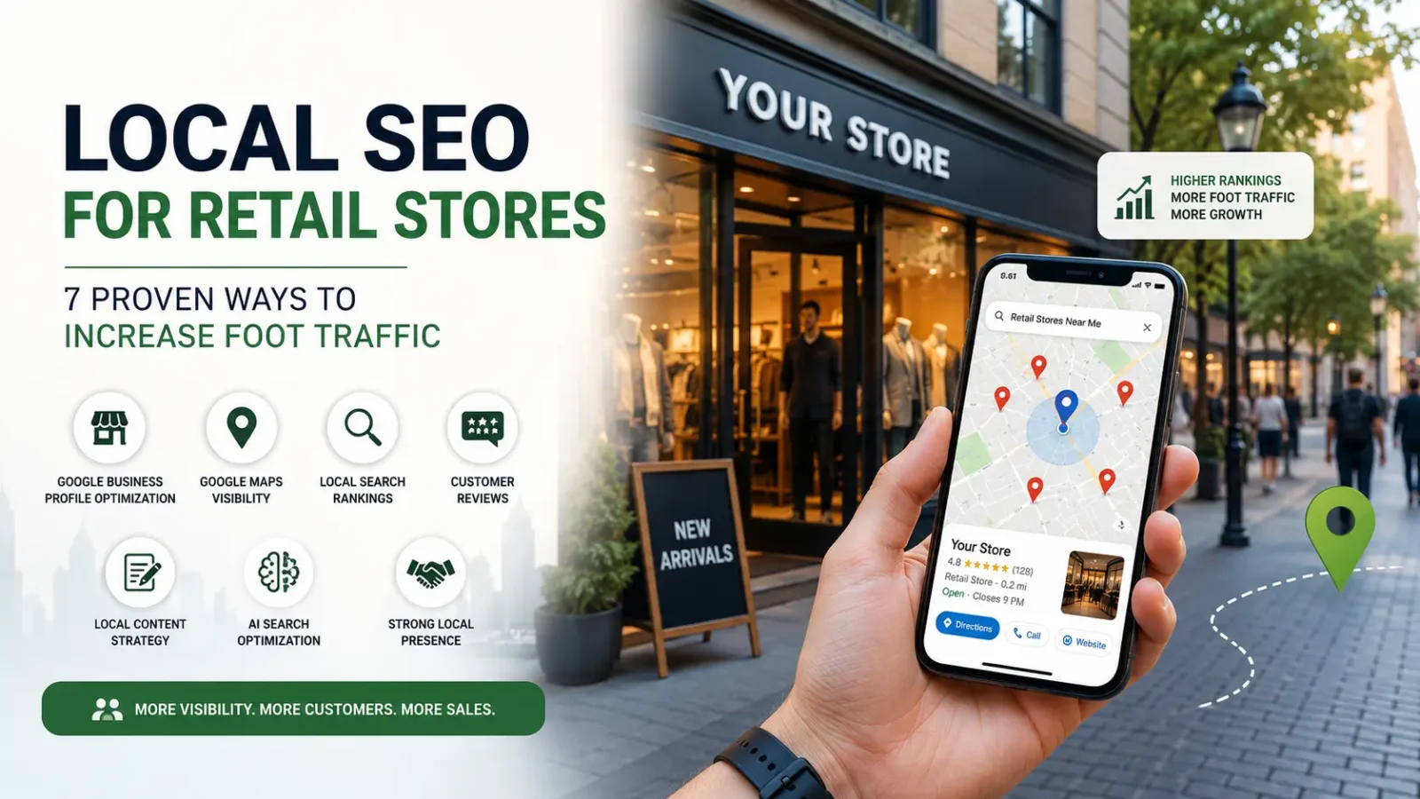 Local SEO for retail stores showing Google Business Profile, Google Maps visibility, and strategies to increase foot traffic.