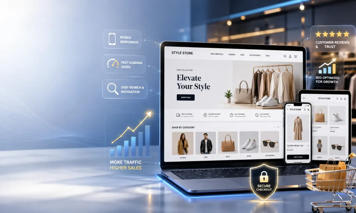 Premium retail website design showcasing a responsive ecommerce store with secure checkout, mobile-friendly interface, SEO optimization, fast loading speed, and user-friendly shopping experience.