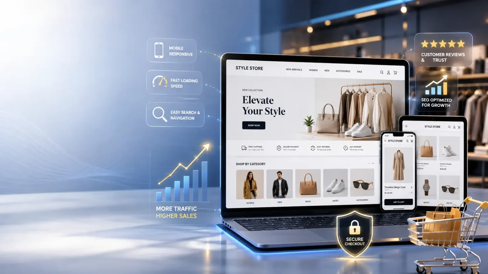 Premium retail website design showcasing a responsive ecommerce store with secure checkout, mobile-friendly interface, SEO optimization, fast loading speed, and user-friendly shopping experience.