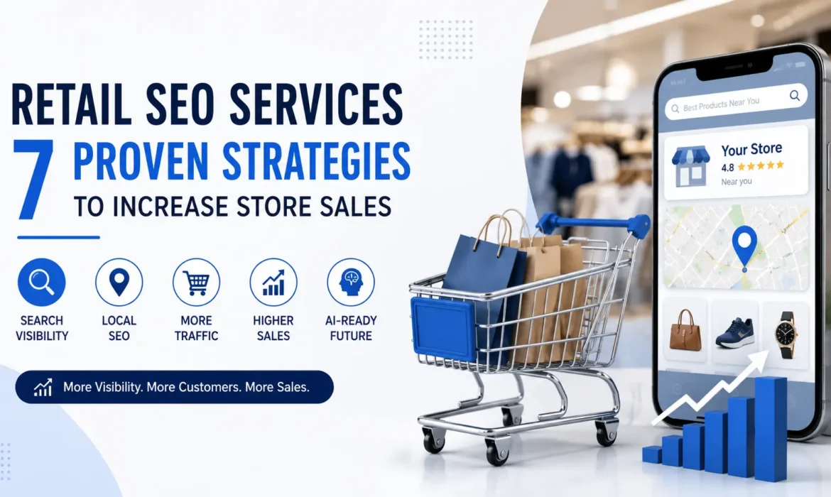 Retail SEO Services illustration showing local SEO, online shopping, search visibility, and store sales growth.