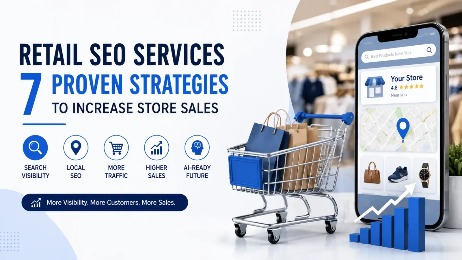 Retail SEO Services illustration showing local SEO, online shopping, search visibility, and store sales growth.