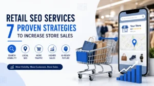 Retail SEO Services illustration showing local SEO, online shopping, search visibility, and store sales growth.