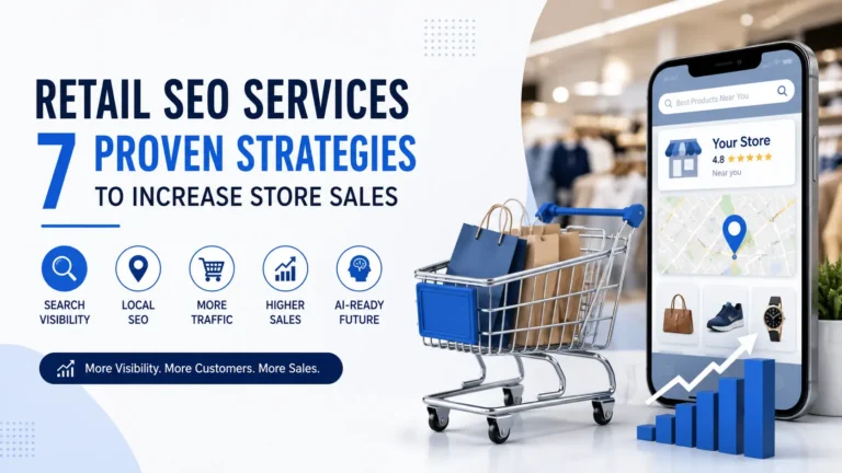 Retail SEO Services illustration showing local SEO, online shopping, search visibility, and store sales growth.
