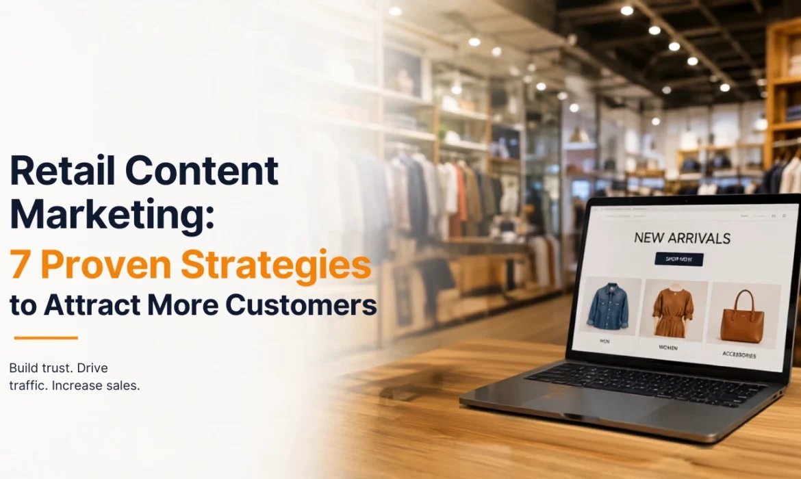 Retail content marketing strategies featuring SEO, product videos, customer-generated content, email marketing, and analytics.