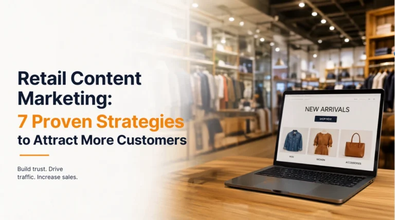 Retail content marketing strategies featuring SEO, product videos, customer-generated content, email marketing, and analytics.