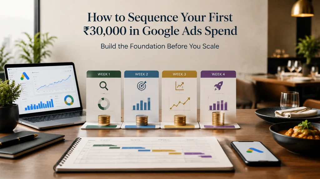 Google Ads for restaurants in India showing how to sequence a ₹30,000 advertising budget