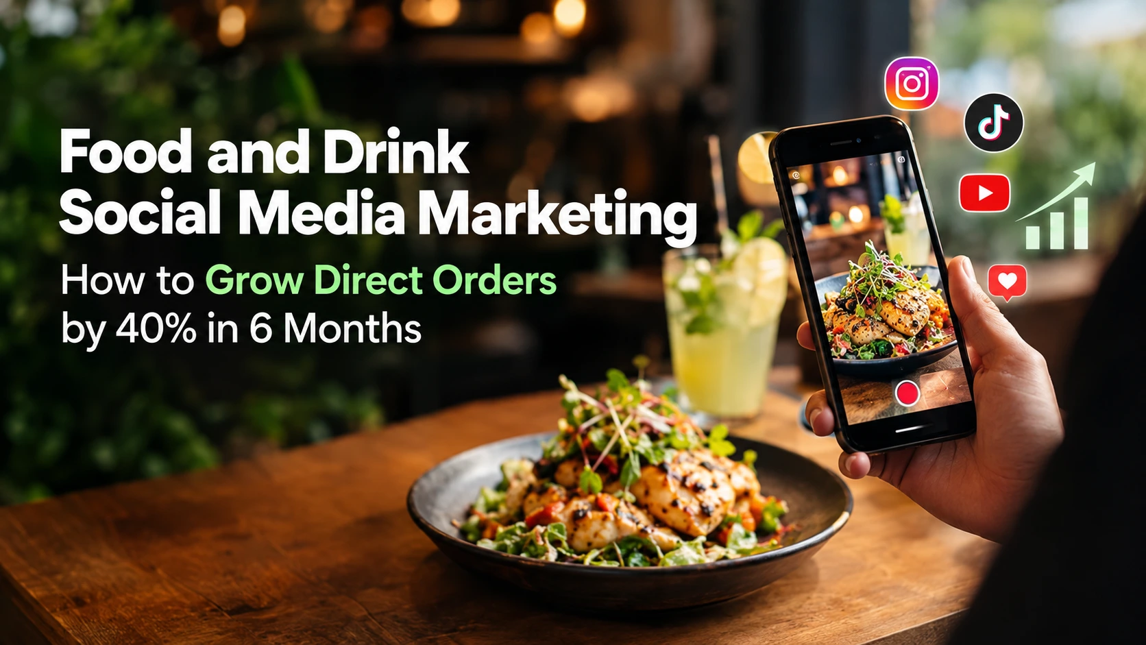 Food and drink social media marketing strategy showing a restaurant dish being photographed for online promotion.