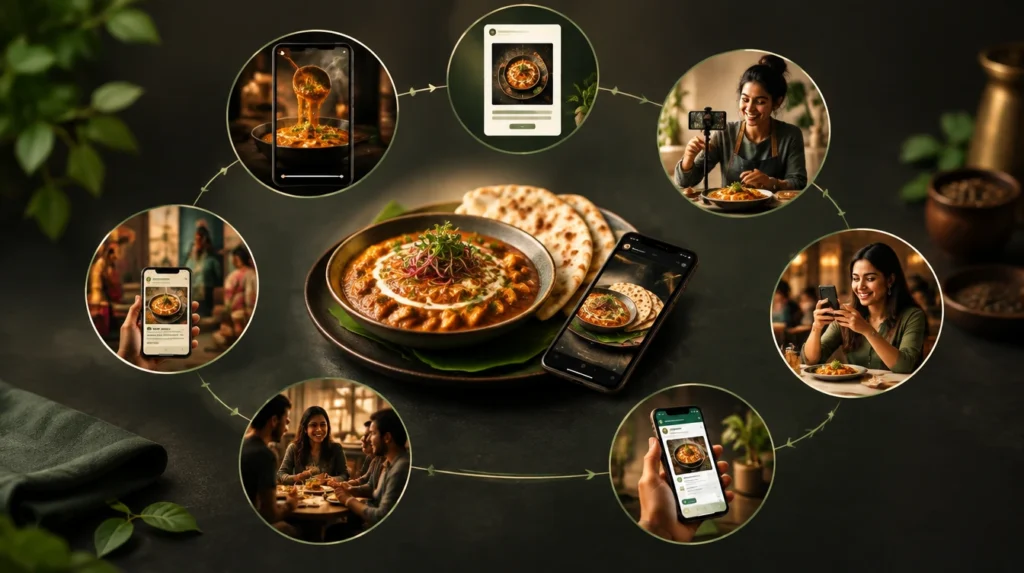 Food & Drink Digital Marketing Strategy Digital marketing strategy for food and drink brands showing social media content, mobile engagement, and online customer interactions around a plated dish.